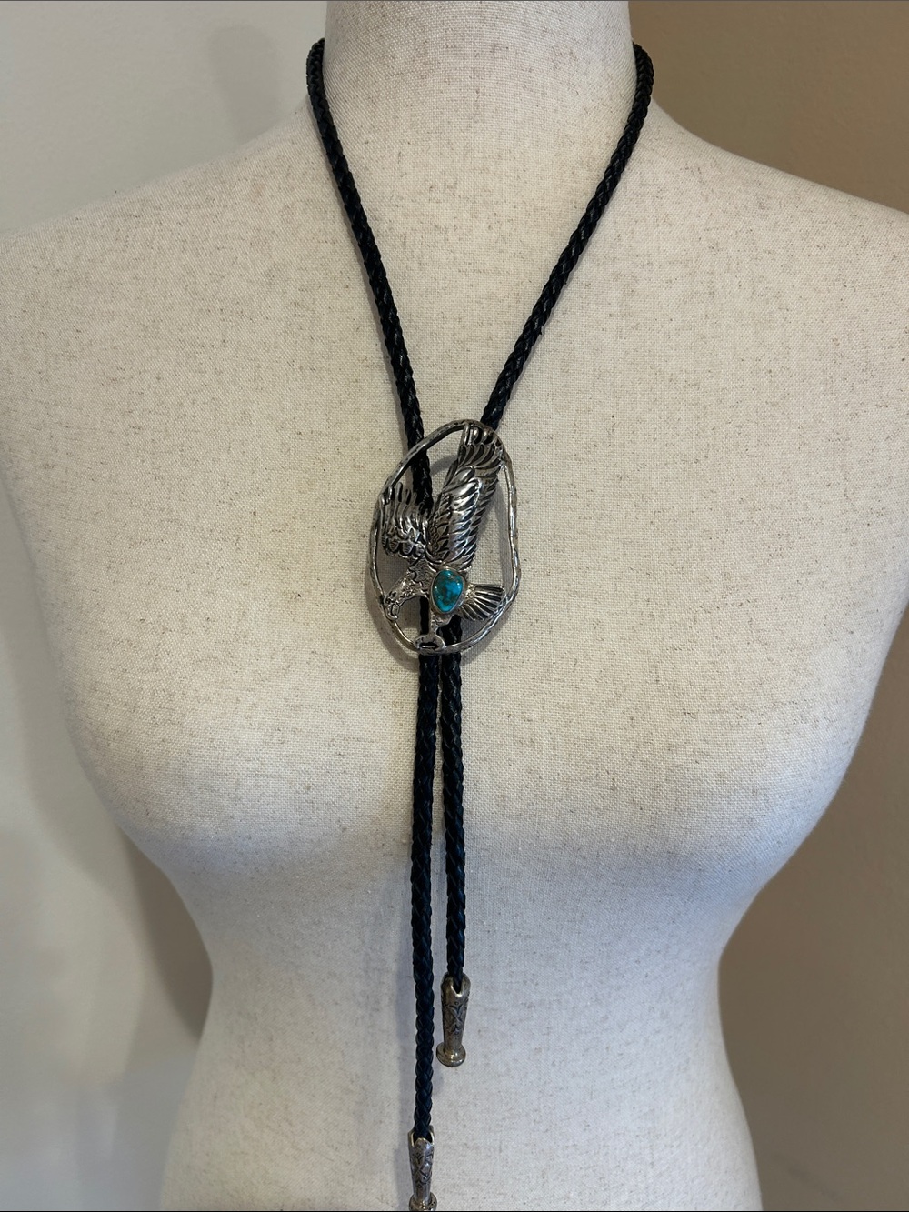 Sterling  Eagle Bolo Tie with Turquoise Accent - Black